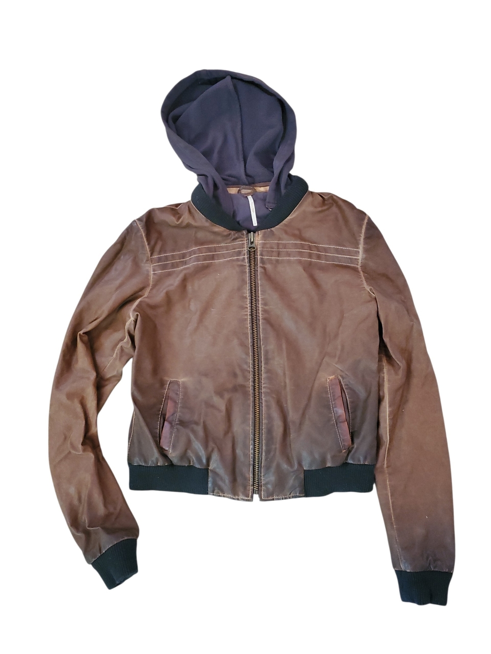 Free People Brown Vegan Leather Hooded Moto Jacket  Size 4 Biker Rocker